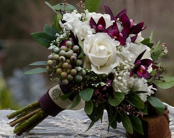 Silk Orchid Garden Wedding Bouquet hand tied Greenery Deep Plum