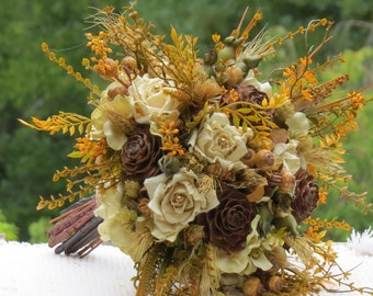 LARGE Fall dried Hops and Wheat Bridal Bouquet Burlap Ivory Rust Parchment Rose and Hydrangea