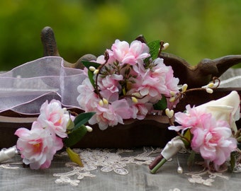 Blush Pink Corsage or Boutonniere  Sakura Cherry Blossom Hydrangea real rose