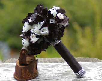 Brooch Wedding Rose Bouquet Goth Steampunk  Black and White Gatsby