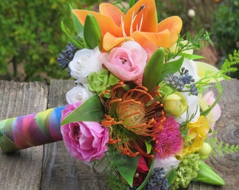 SALE 8" Rainbow Colorful Electric Bridal Bouquet Neon Fiesta ranunculus anemone red yellow green purple pink