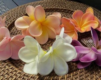 3 flower Tropical Hair Comb Pink or White Plumeria Real Touch Wedding