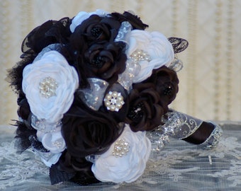SALE Wedding Bouquet Black and White Gatsby Brooch Goth Steampunk