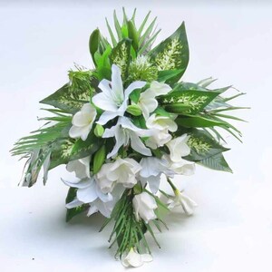 LARGE Cascade Hawaiian Wedding Bouquet  Tropical Hawaiian Lily Plumeria White Green