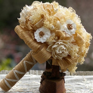 SALE Shabby Chic Burlap Bridal Sola Rose Wedding Bouquet Ivory Tan