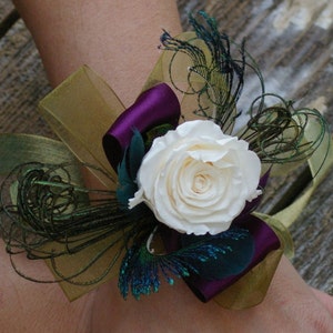 Peacock Feather and Preserved Ivory Real Rose Wrist Corsage