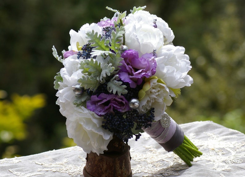 LARGE Wedding Bouquet Lilac Lavender Navy Grey Peony
