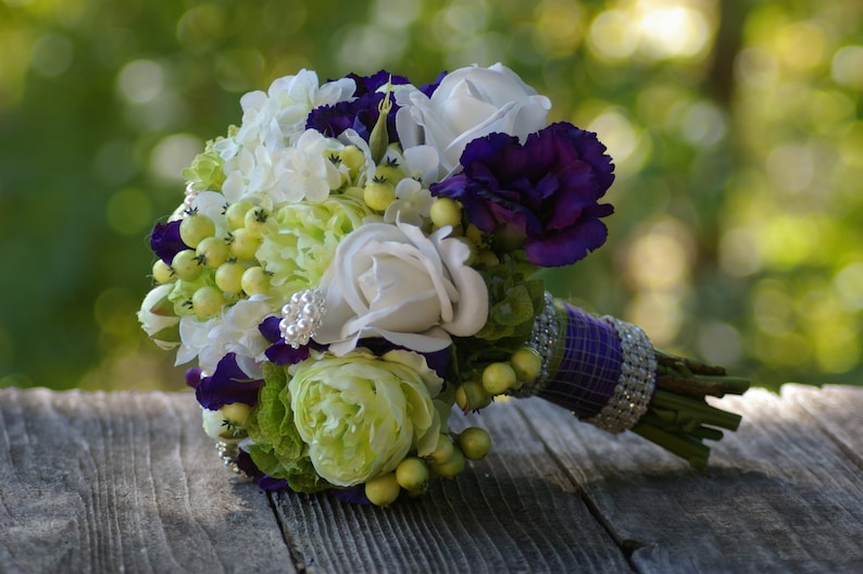 LARGE Purple Wedding Bouquet Real Touch Rose Hand Tied