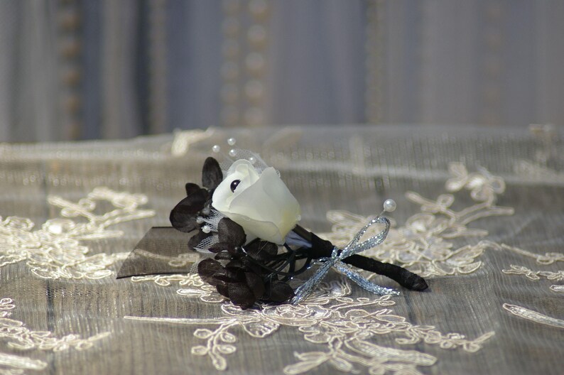 Brooch Wedding Rose Bouquet Goth Steampunk Black and White Gatsby