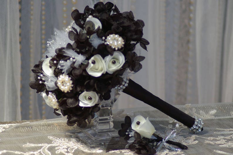 Brooch Wedding Rose Bouquet Goth Steampunk Black and White Gatsby