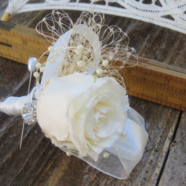 Gatsby Ivory Preserved Real Rose Andrea Boutonniere