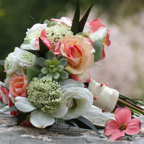SALE Real Touch Wedding Dogwood Bouquet Salmon Coral Guava Rose Succulent