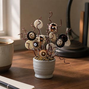 May include: A decorative button bouquet in a small white ceramic pot sits on a wooden desk next to a coffee mug and a notepad. The bouquet features various buttons and copper wire stems. A framed sign reads "FOCUS CREATE INSPIRE".