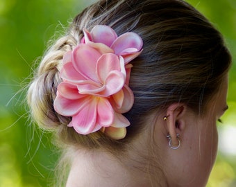 10 bloom Tropical Hair Comb Pink or White Plumeria Real Touch Wedding