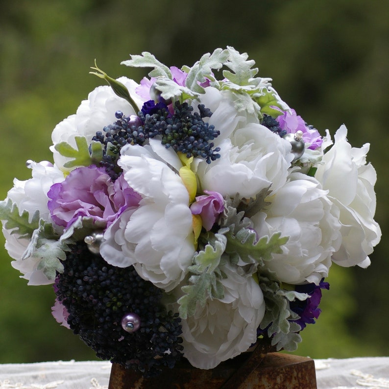 LARGE Wedding Bouquet Lilac Lavender Navy Grey Peony