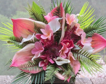 18-20"" Tropical Hawaiian Pink Green Wedding Bouquet real touch plumeria faux Anthurium Silk Garden hand tied