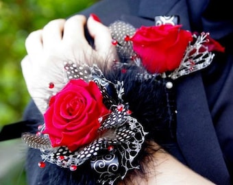 Real Rose GOTH Corsage and OR Boutonniere Feather Black Red Silver Preserved  Kara