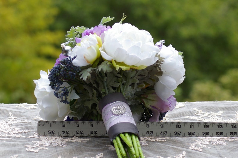 LARGE Wedding Bouquet Lilac Lavender Navy Grey Peony