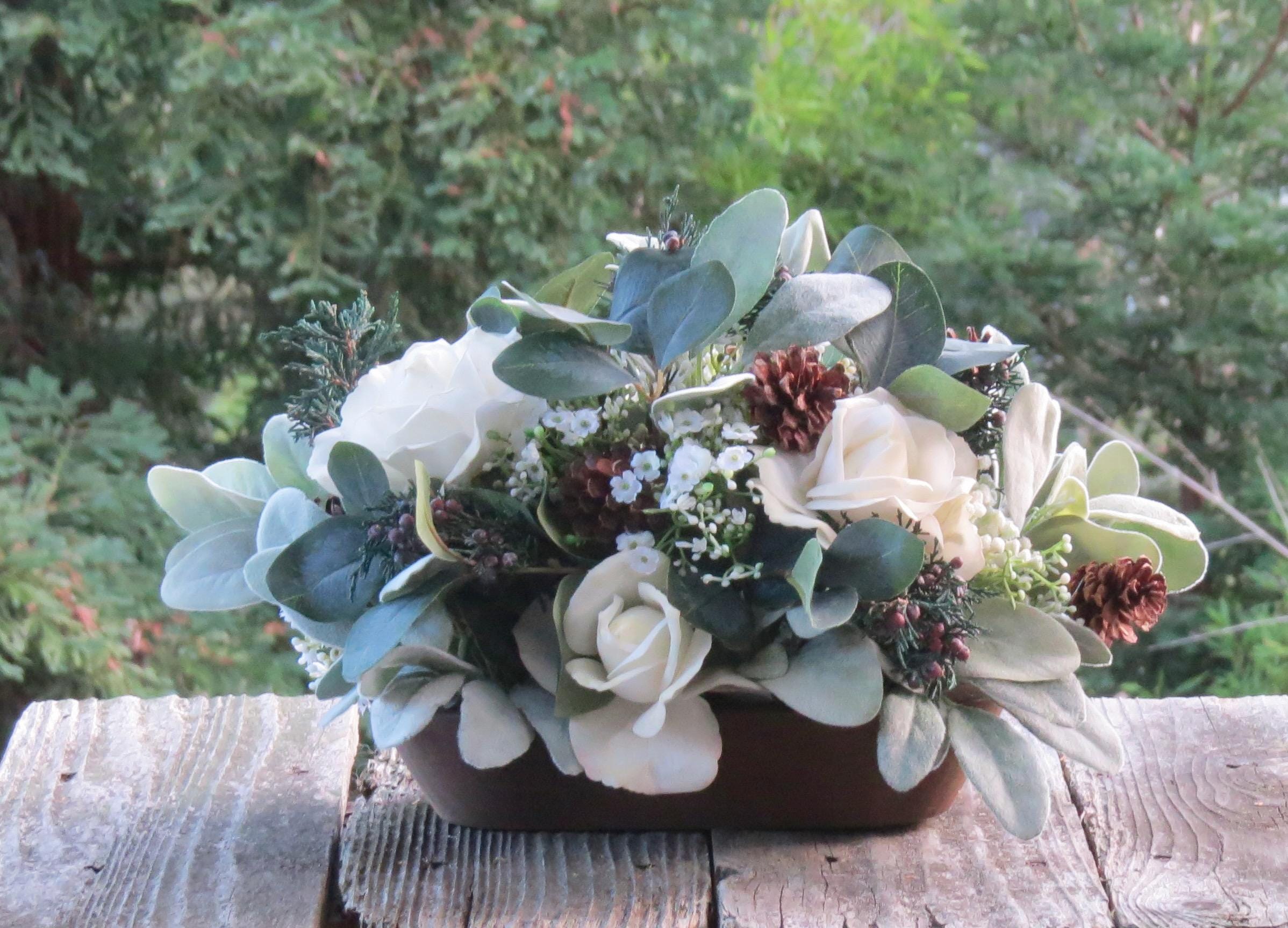 Boho Farmhouse Centerpiece White Green includes wood bowl