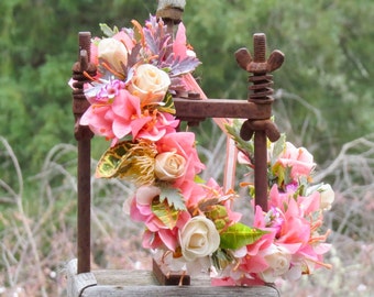 Coral Bougainvillea Tropical Plumeria Lei Po‘o  halo, Hawaiian Head Lei, Haku , wedding headpiece, crown, bridal headband, head garland