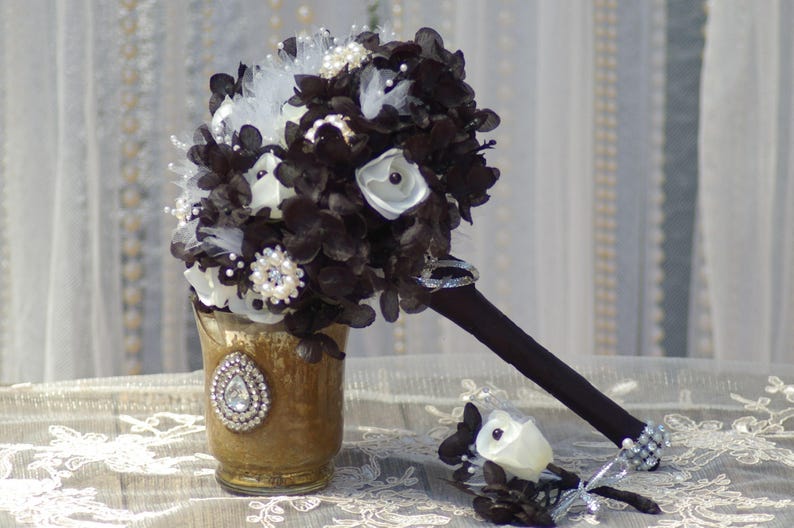 Brooch Wedding Rose Bouquet Goth Steampunk Black and White Gatsby