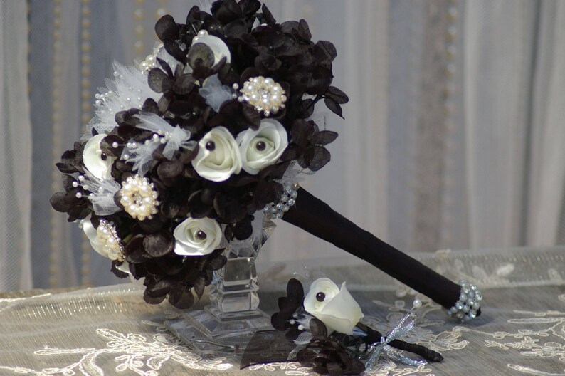 Brooch Wedding Rose Bouquet Goth Steampunk Black and White Gatsby