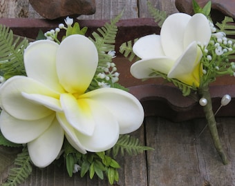 Tropical Hawaiian Corsage or Boutonniere Plumeria Real Touch Babies Breath Wedding