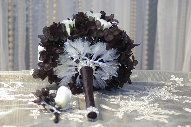 Brooch Wedding Rose Bouquet Goth Steampunk Black and White Gatsby