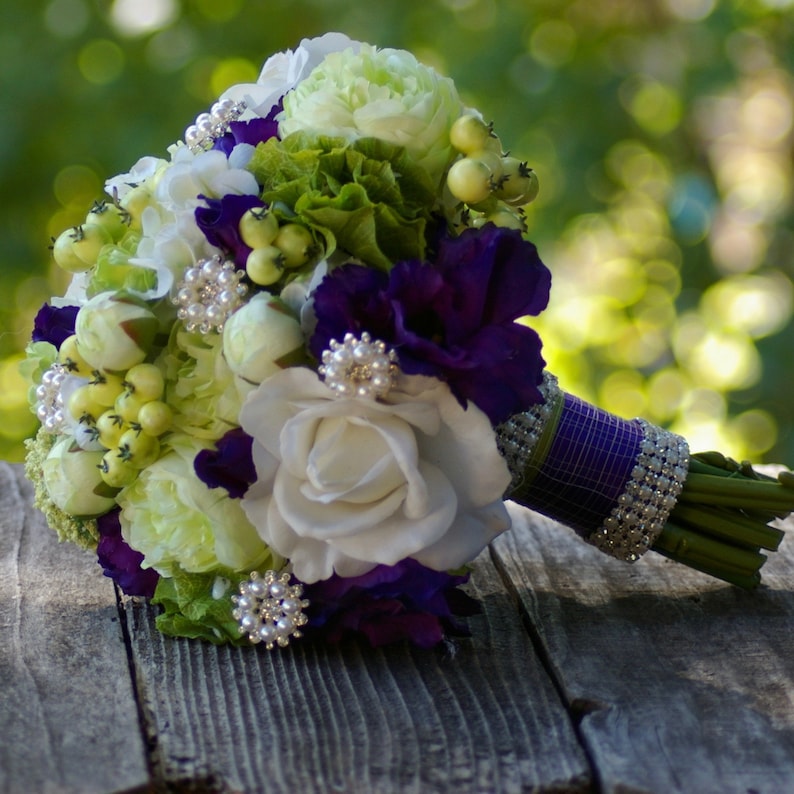 LARGE Purple Wedding Bouquet Real Touch Rose Hand Tied