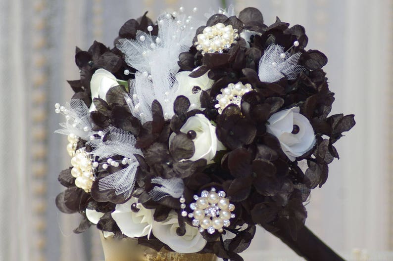 Brooch Wedding Rose Bouquet Goth Steampunk Black and White Gatsby