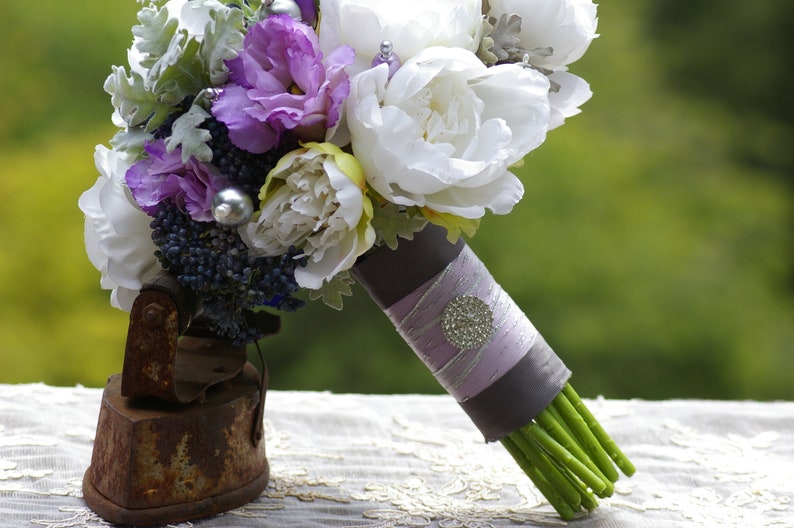 LARGE Wedding Bouquet Lilac Lavender Navy Grey Peony