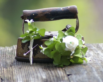 Ivory Silk Small Rose and clover Saint Patrick Irish Green Boutonniere or Corsage