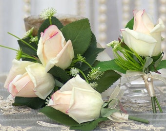 Wedding Flowers Silk Pink Blush Rose Bud Buttonhole with White Gyp 