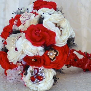 SALE !!! Steampunk Bridal Brooch Bouquet Red Black and White Valentine