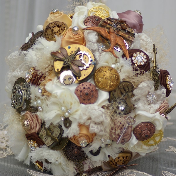 SALE Steampunk Bridal Brooch Bouquet and FREE Boutonniere  Goth ivory and brown gold