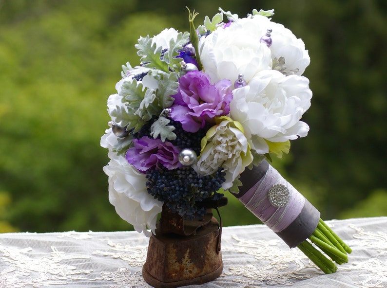 LARGE Wedding Bouquet Lilac Lavender Navy Grey Peony