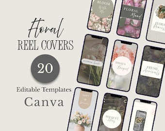 May include: A collection of 20 floral reel cover templates for social media, designed for use with Canva. The covers feature floral arrangements and text overlays such as "Bloom With Me" and "Floral Mood".