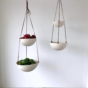 Handmade Two-Tiered Porcelain & Leather Hanging Fruit Basket — Medium
