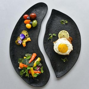 Op de afbeelding: Twee zwarte, bladvormige serveerschalen met een getextureerd oppervlak. Eén schaal bevat een kleurrijk arrangement van tomaten, bosbessen en paprika's. De andere bevat een gebakken ei met een schijfje citroen en kruiden. Een verse salade ligt op de andere schaal.