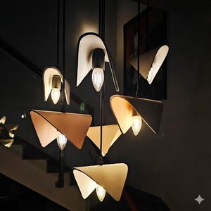 May include: A collection of contemporary pendant lights with geometric shades. Each light has a unique, angular design in beige and white, with exposed light bulbs. The lights hang from black cords against a dark backdrop.