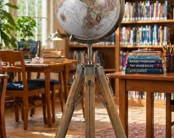 Globo terráqueo de estilo antiguo con soporte de trípode de madera.