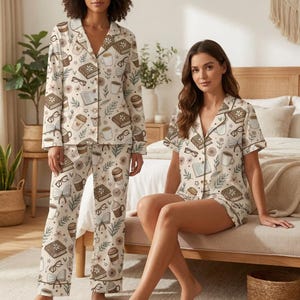 Book Club Pajama Set, Cozy Reader Pajamas, Coffee Lover Sleepwear, Library Gift
