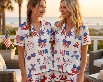 4th of July Bow Pajama Set, Patriotic USA Pajamas, Women’s Party Sleepwear
