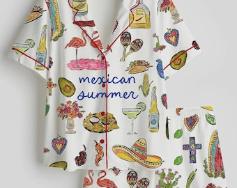 Conjunto de pijama com estampa de festa mexicana, roupa de dormir para o Cinco de Mayo, conjunto para relaxar com tema de tacos e tequila, pijama para férias de verão, presente para mulheres.