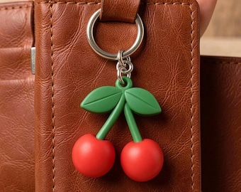 Tiny Cherry Pair Keychain, Hand-Painted 3D Printed Fruit Charm, Miniature Botanical Accessory for Bag or Keys