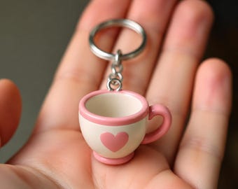 Miniature Tea Cup Keychain, Hand-Painted Tiny Porcelain-Style Charm, Single 3D Printed Accessory for Tea Lovers