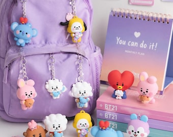 BT21 BTS 3D Schlüsselanhänger & Mini Figur - Süßes Kpop Sammlerstück - Geschenk für Armee - Schreibtisch Accessoire - Kawaii Taschenanhänger - Stocking Stuffer