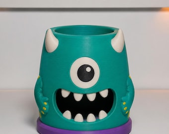 Cute Monster Pen Holder, 3D Printed Desk Organizer, Quirky Pencil Cup, Fun Kids Desk Accessory, Teal One Eye Monster Pencil Holder