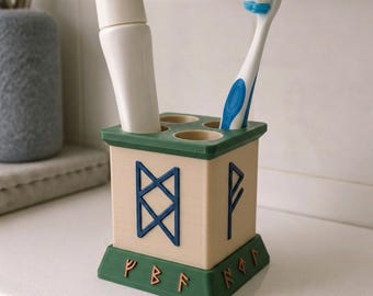 Rune Obelisk Single Toothbrush Holder, Hand Painted 3D Printed Bathroom Decor Stand