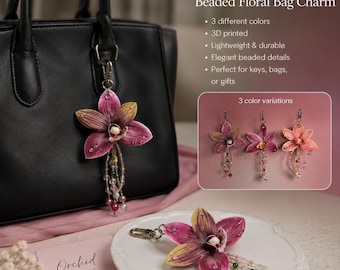 3D gedruckte Orchidee Schlüsselanhänger, Perlen, Taschenanhänger, botanisches Geldbörse Zubehör, niedliche Blume Schlüsselanhänger für Handtaschen, Natur Geschenk für Sie